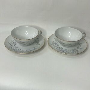 Wentworth Fine China Japan 2 Saucers 2-8 Oz Cups Gold White Pink Blue Tea Time